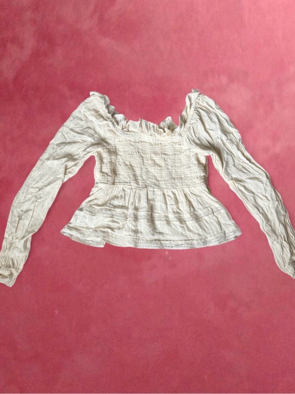 American Eagle Outfitters Cream Smocked Peplum Blouse